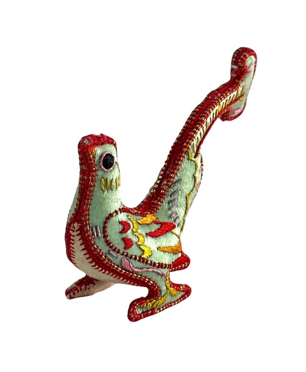 Embroidered Fabric Rooster Chicken Figurine Mint Green Red Folk Art Miniature 3"